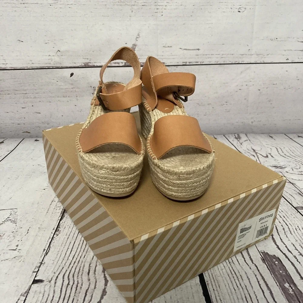 Soludos Sandals Womens Size 8.5 Minorca High Platform Espadrille Leather Nude